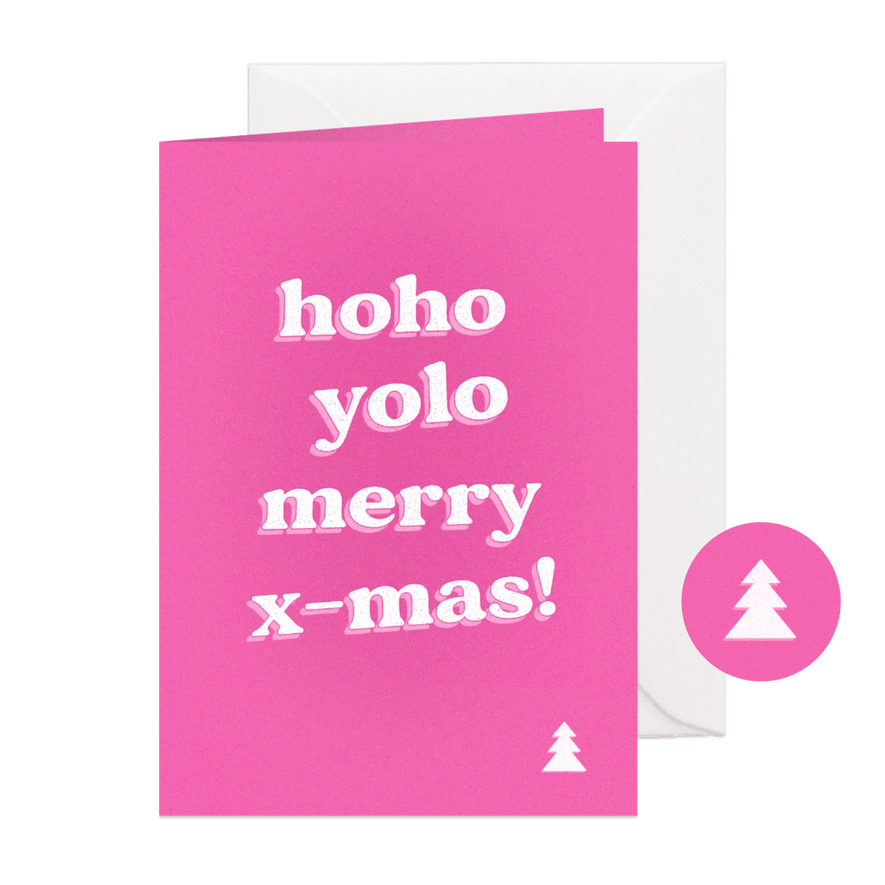 Felroze kerstkaart met grappige tekst hoho yolo  - Kaartimpressie