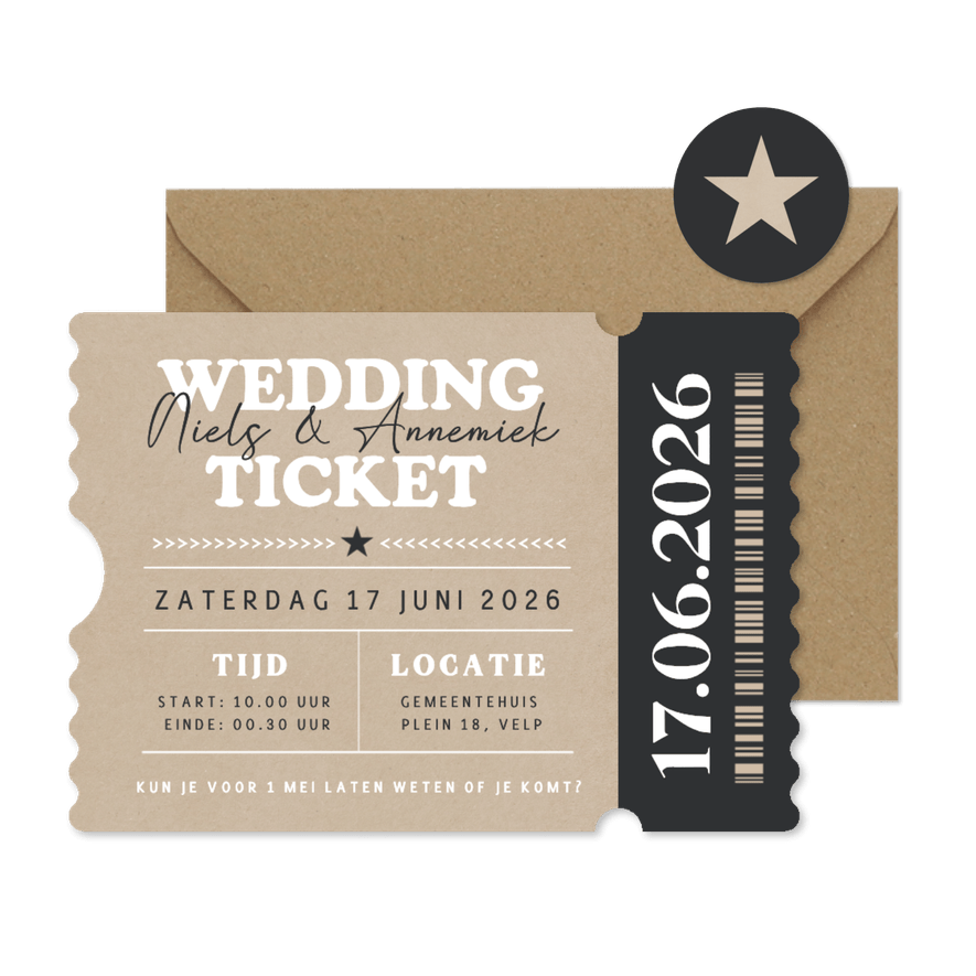 Festival wedding ticket uitnodiging in echte ticket vorm - Kaartimpressie