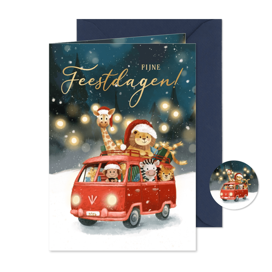 Fijne feestdagen met dieren in busje in de sneeuw - Kaartimpressie