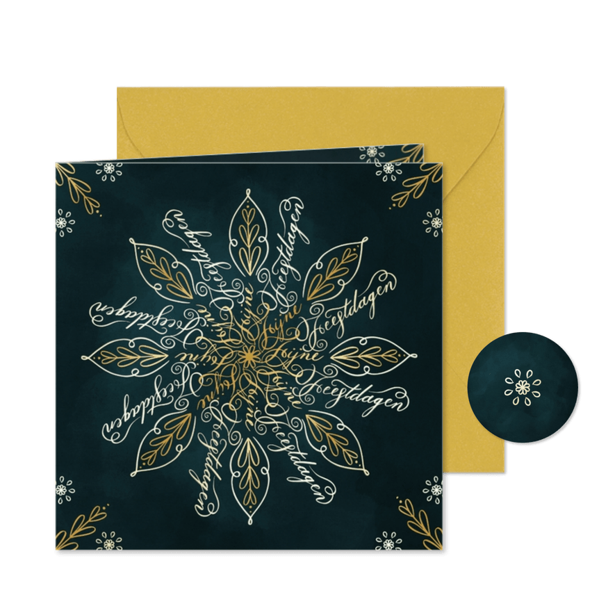 Fijne Feestdagen sneeuwvlok typografie met goudfolie - Kaartimpressie