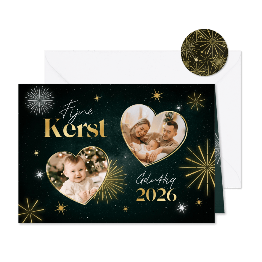 Fijne kerst gelukkig 2026 kerstkaart vuurwerk sterren foto's - Kaartimpressie