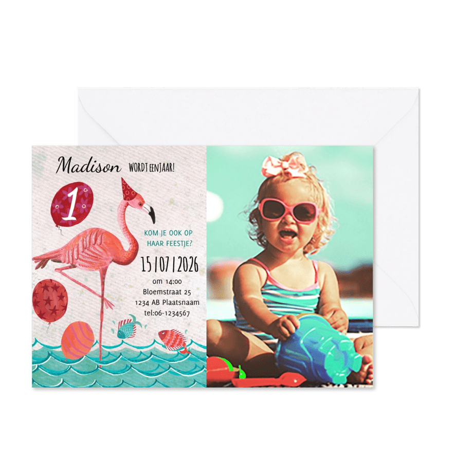 Flamingo 1 jaar zomer feestje - Kaartimpressie