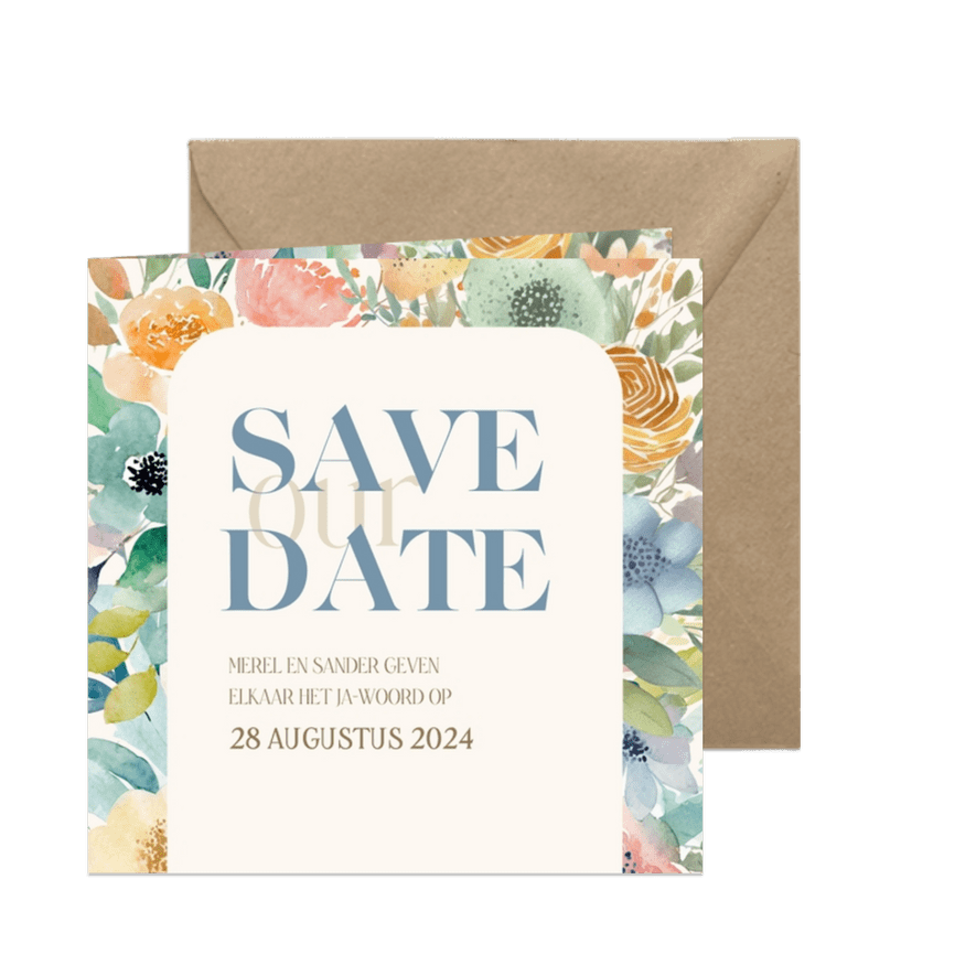 Fleurige save the date waterverf bloemen en takjes - Kaartimpressie