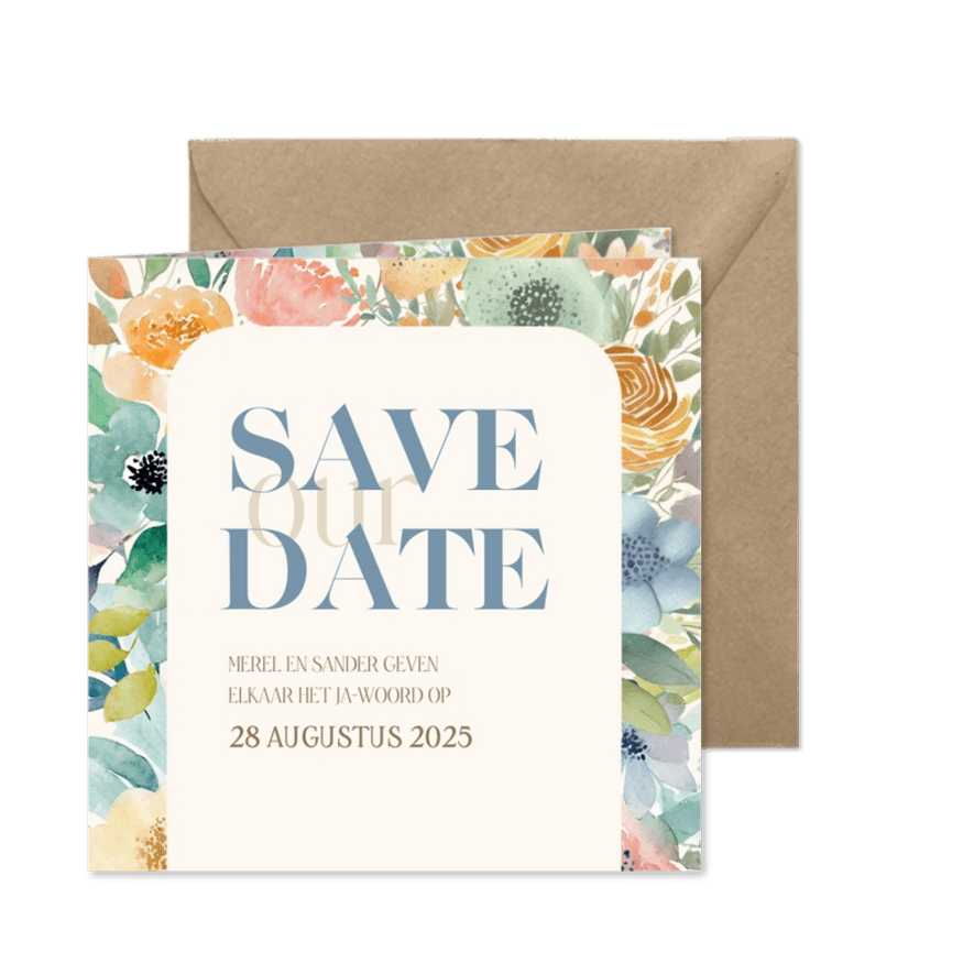 Fleurige save the date waterverf bloemen en takjes - Kaartimpressie