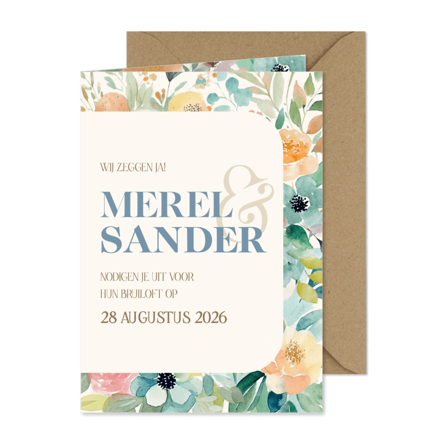 Fleurige trouwkaart waterverf bloemen en takjes - Kaartimpressie