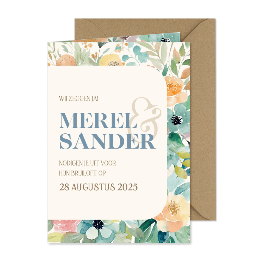 Fleurige trouwkaart waterverf bloemen en takjes - Kaartimpressie