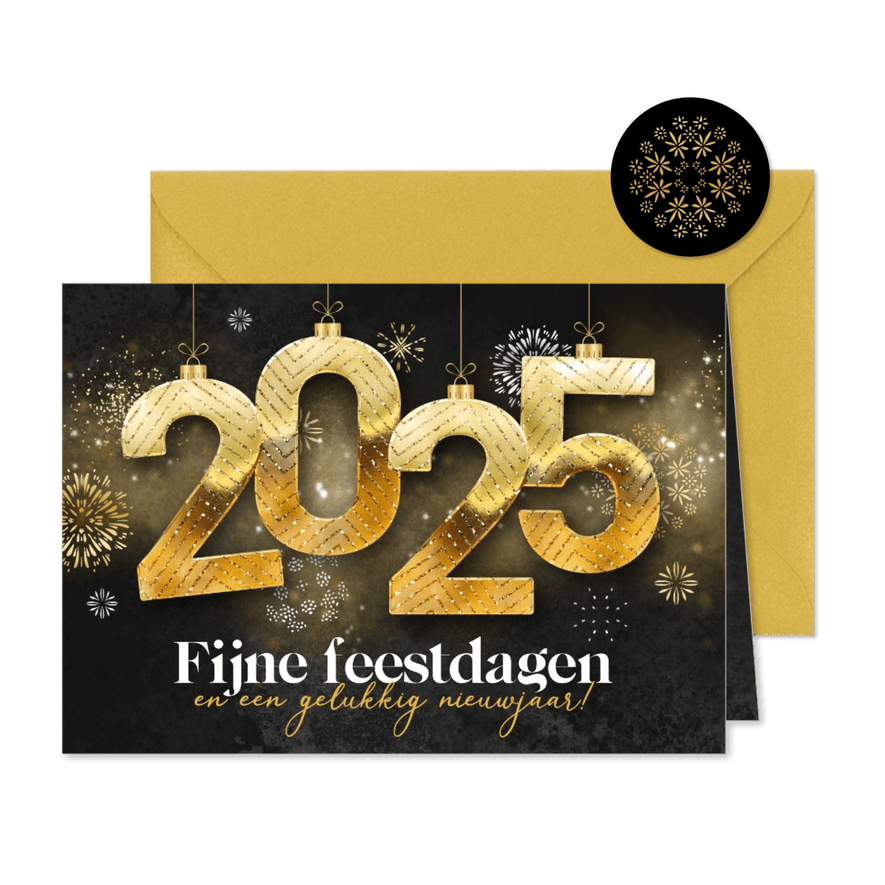 Flitsende kerstkaart 2025 vuurwerk kerstballen goud - Kaartimpressie