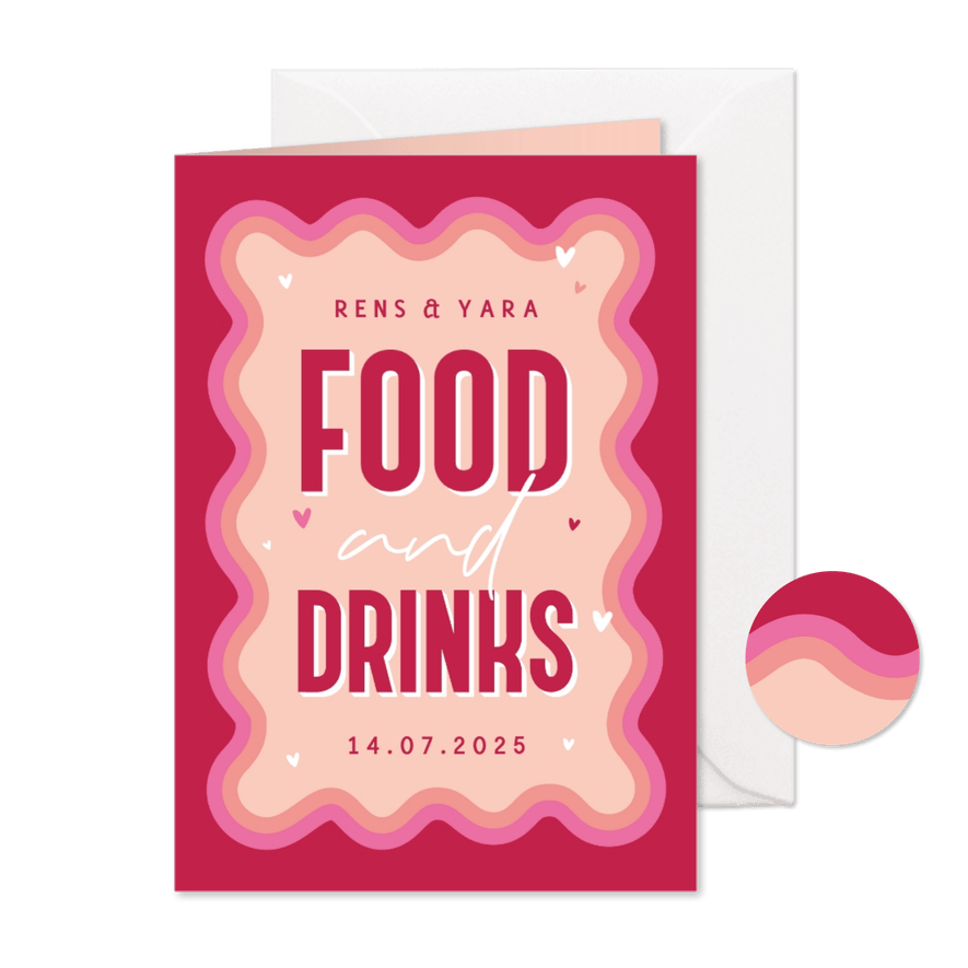 Food and drinks menukaart bruiloft retro groovy roze - Kaartimpressie