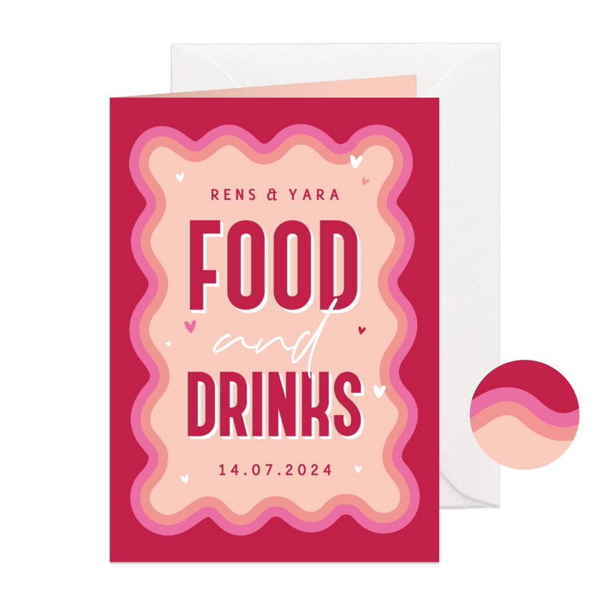 Food and drinks menukaart bruiloft retro groovy roze - Kaartimpressie