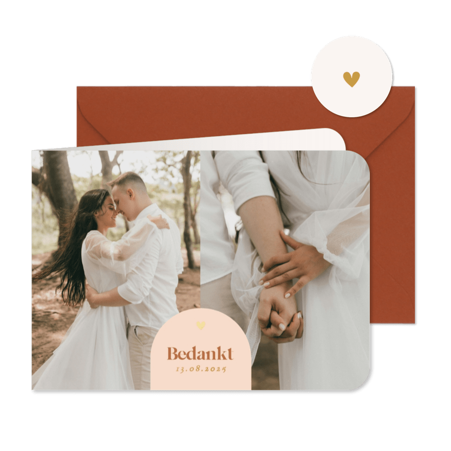Fotcollage trouwkaart bedankt met oranje boog en goud - Kaartimpressie