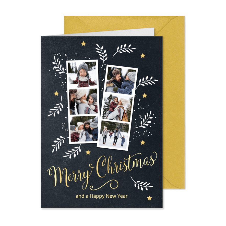 Foto collage kerstkaart met takjes en sterren - Kaartimpressie