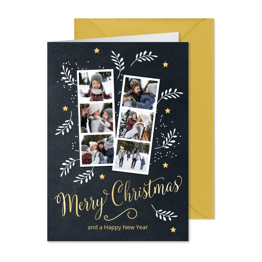 Foto collage kerstkaart met takjes en sterren - Kaartimpressie