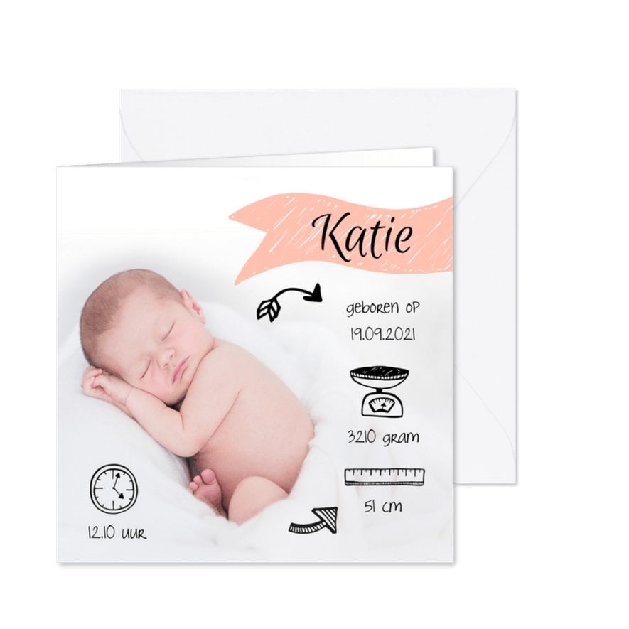 Foto geboortekaartje met illustraties - Kaartimpressie