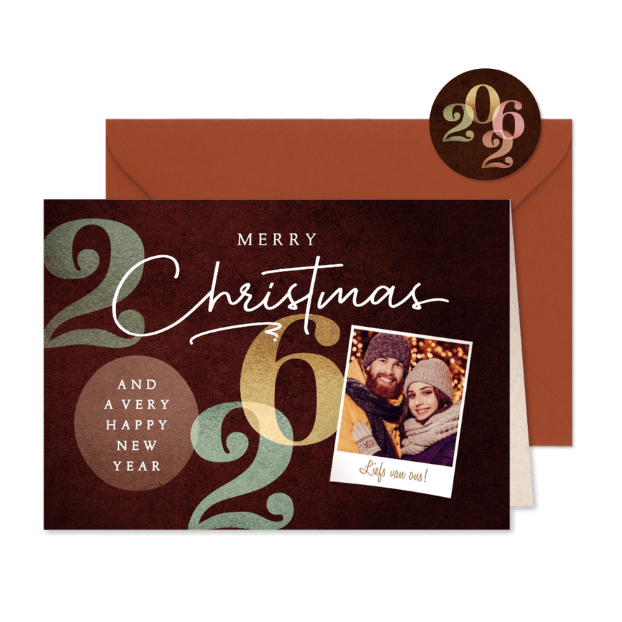 Foto kerstkaart 2026 roest bruin retro - Kaartimpressie