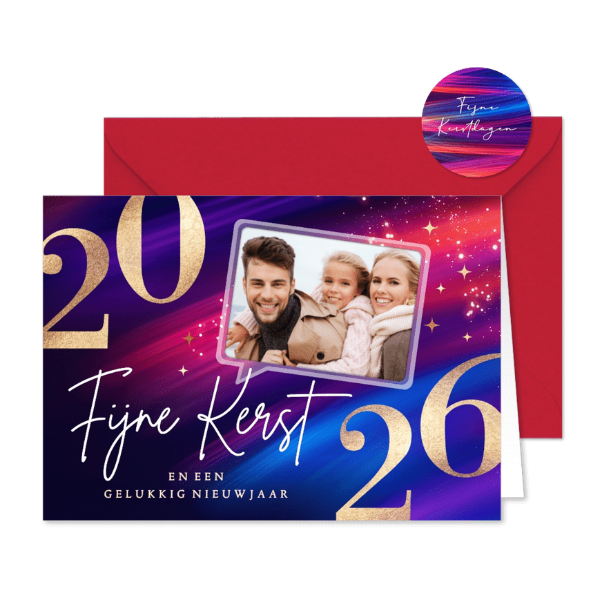 Foto kerstkaart 2026 rood met blauw - Kaartimpressie