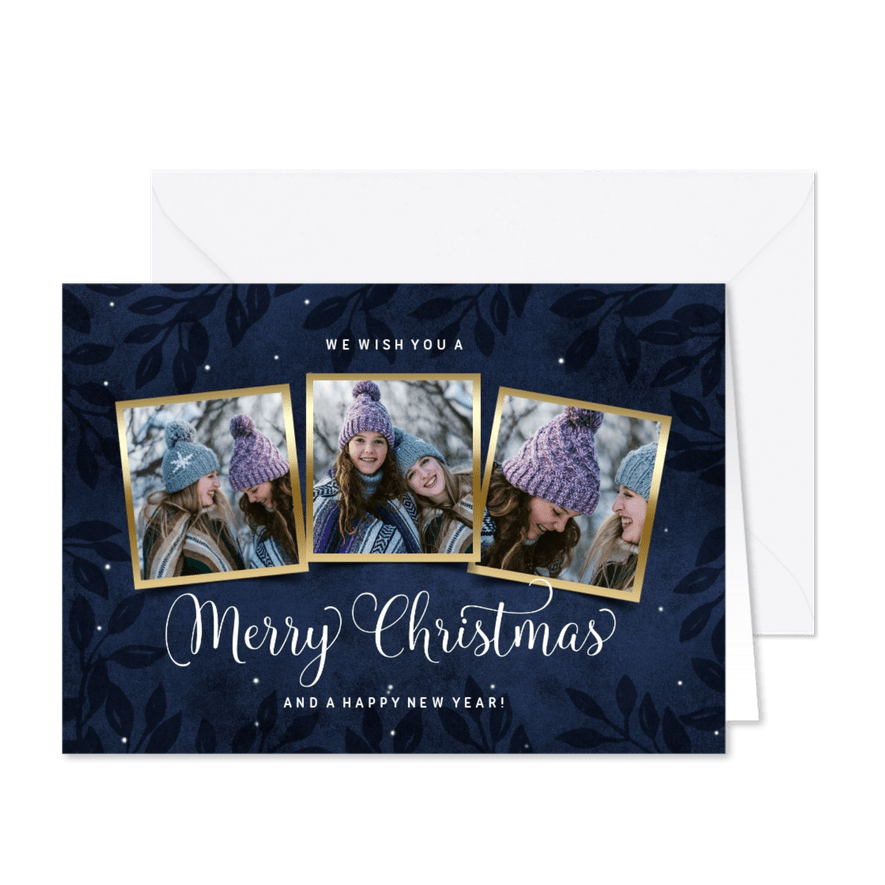 Foto kerstkaart 3 fotos blauw goud - Kaartimpressie
