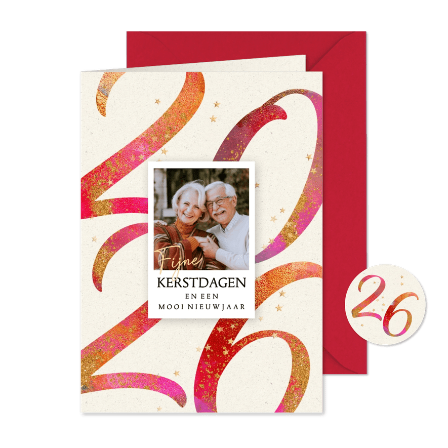 Foto kerstkaart geschreven 2026 rood - Kaartimpressie