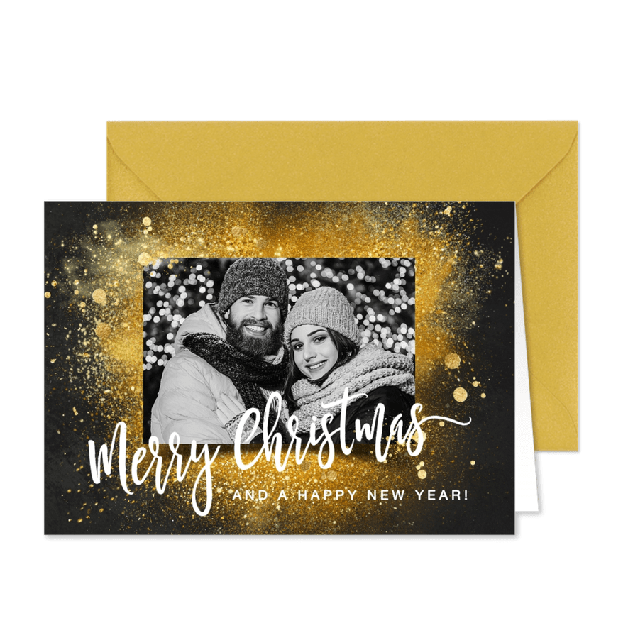 Foto kerstkaart goud glitters en foto - Kaartimpressie