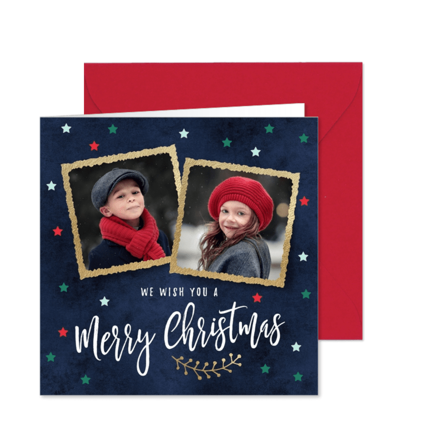 Foto kerstkaart gouden kaders twee fotos - Kaartimpressie