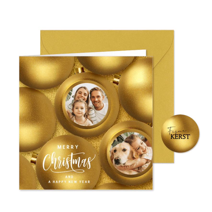 Foto kerstkaart gouden kerstballen - Kaartimpressie