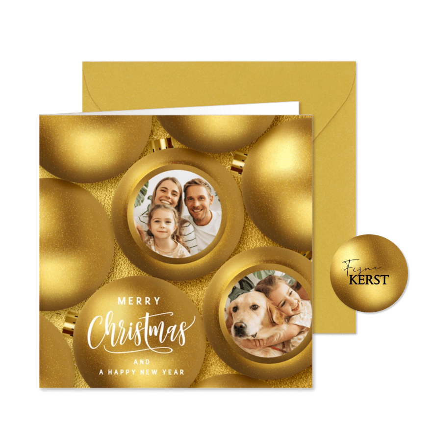Foto kerstkaart gouden kerstballen - Kaartimpressie