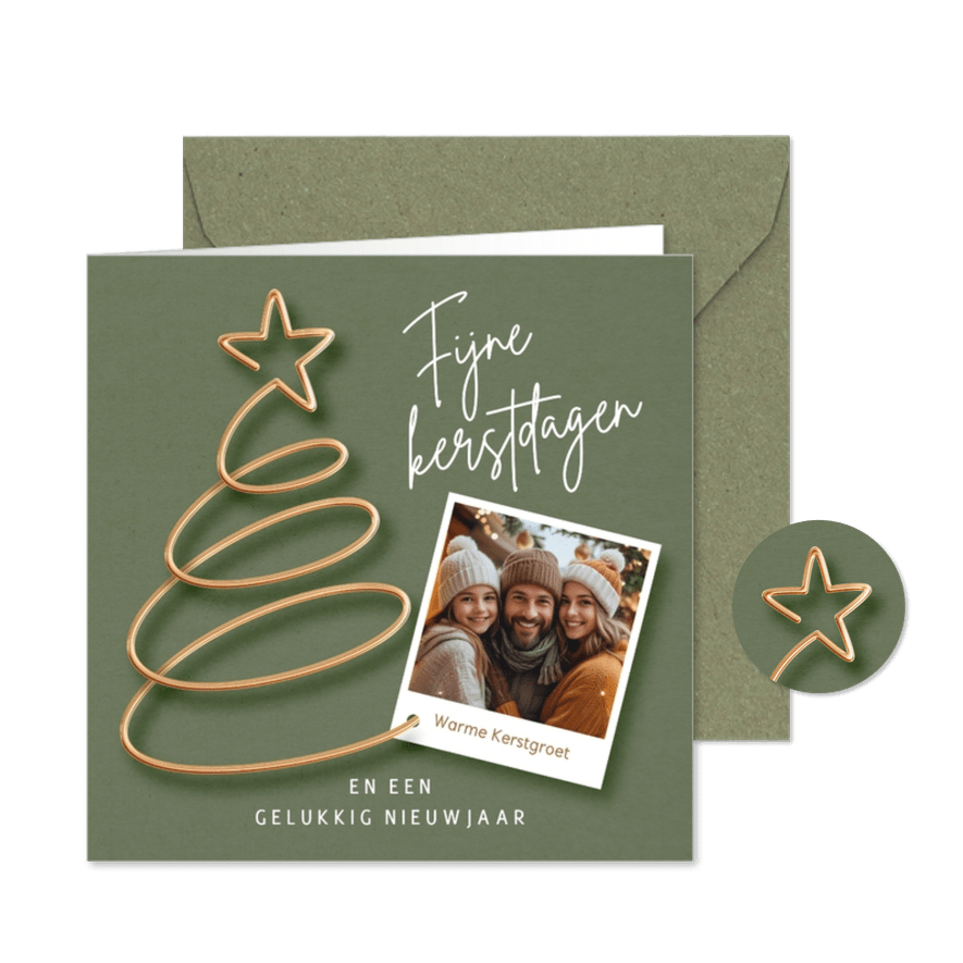 Foto kerstkaart gouden kerstboom op groen - Kaartimpressie