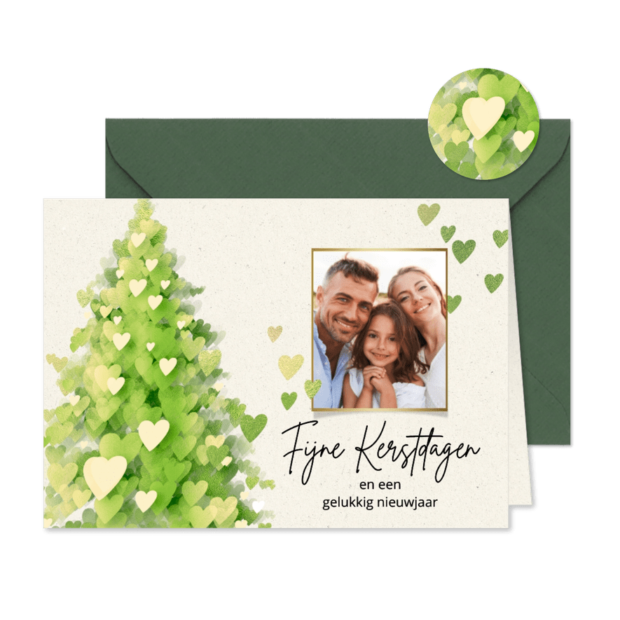 Foto kerstkaart hartjes kerstboom groen - Kaartimpressie