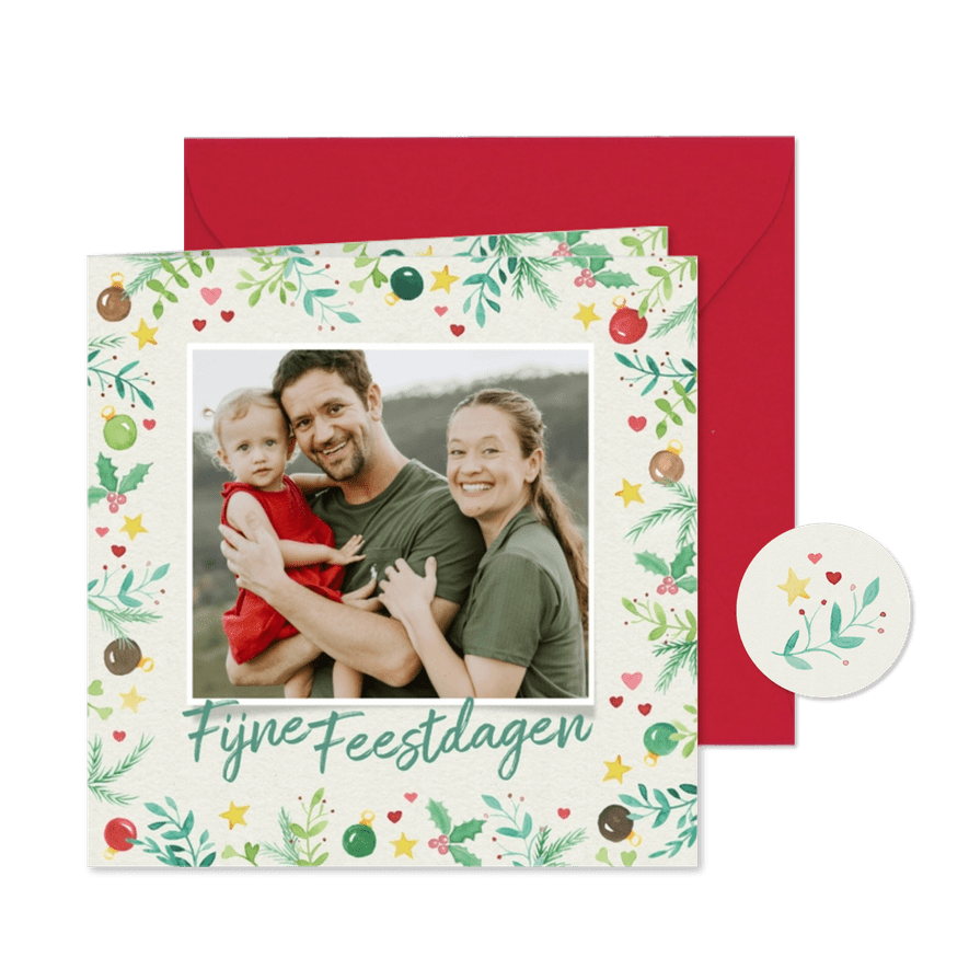 Foto-kerstkaart kader van takjes en kerstballen - Kaartimpressie
