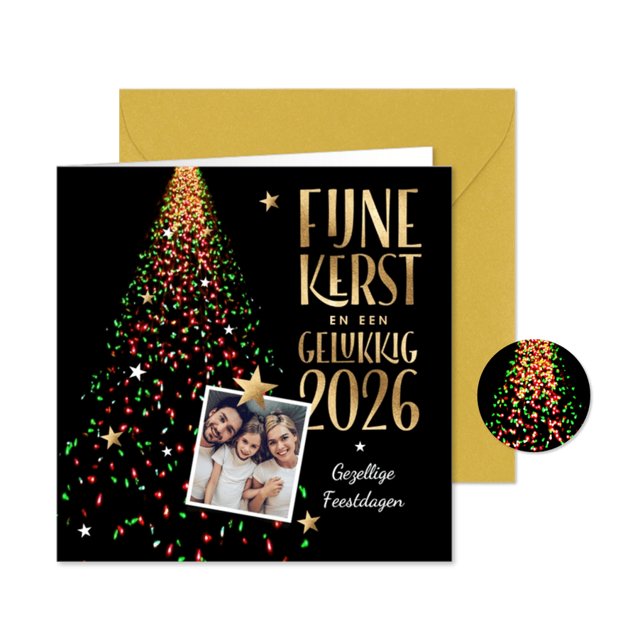Foto kerstkaart kerstboom lichtjes rood en groen 2026 foto - Kaartimpressie