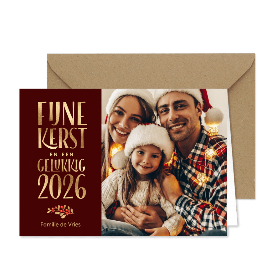 Foto kerstkaart klassiek rood met foto 2026 - Kaartimpressie
