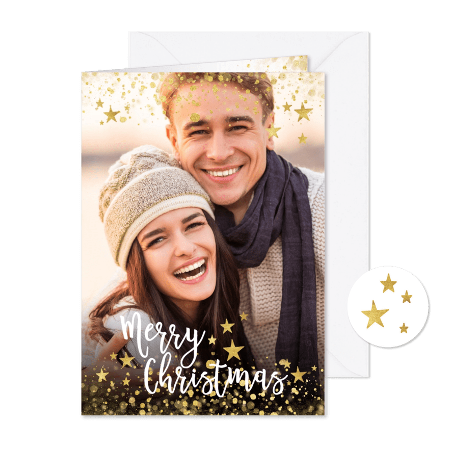 Foto kerstkaart met gouden confetti en typografie - Kaartimpressie