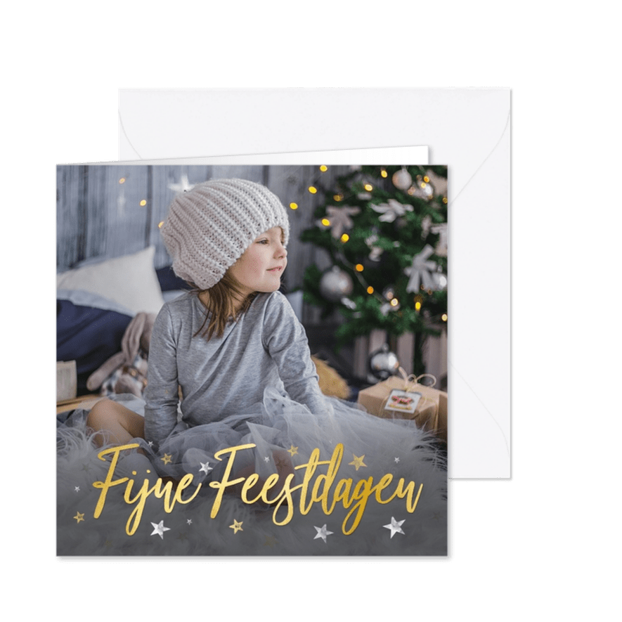Foto kerstkaart met goudlook fijne feestdagen en sterretjes - Kaartimpressie