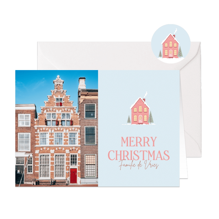 Foto kerstkaart met huisje voor verhuizing - Kaartimpressie