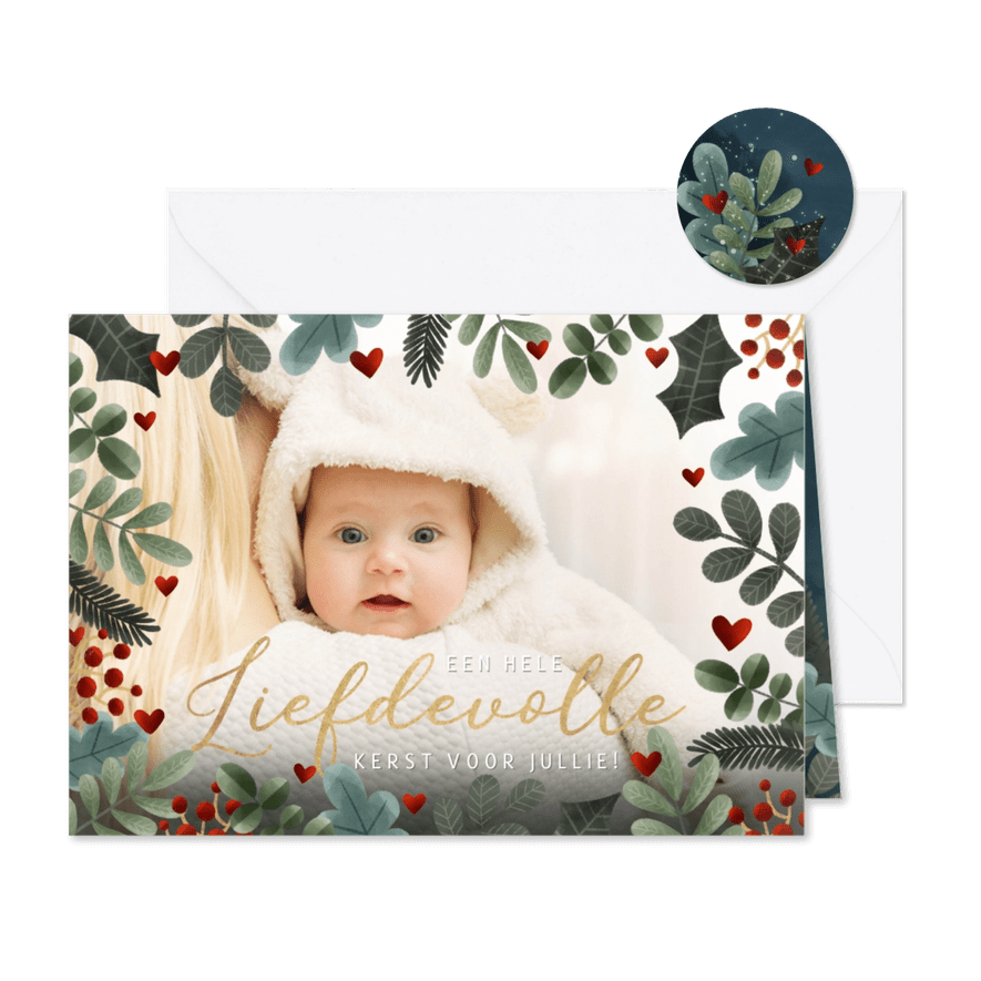 Foto kerstkaart met kersttakjes kader en liefdevolle kerst - Kaartimpressie