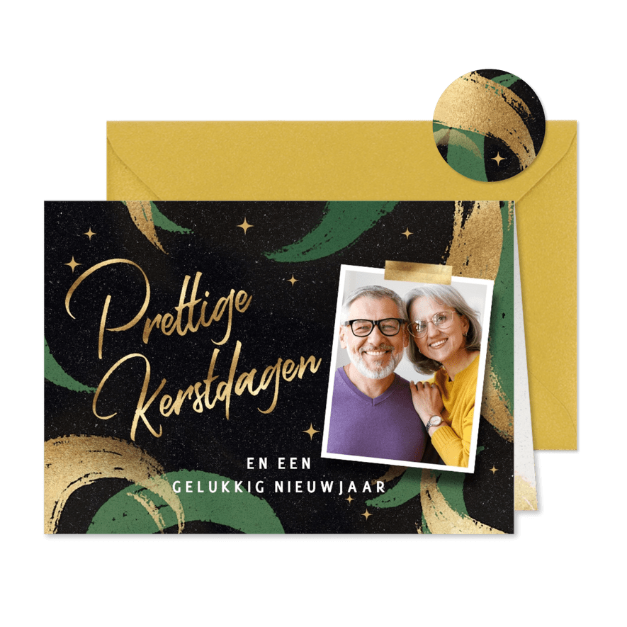 Foto kerstkaart met vrolijke verfstrepen in groen en goud - Kaartimpressie