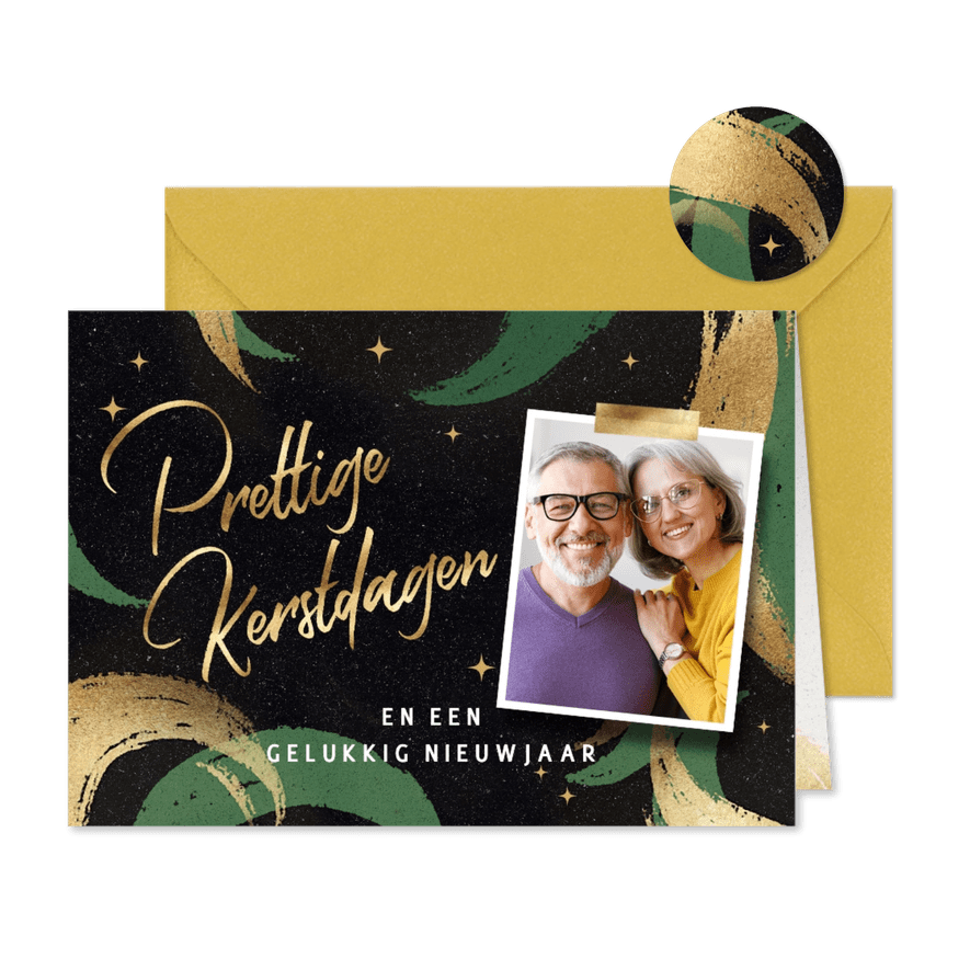 Foto kerstkaart met vrolijke verfstrepen in groen en goud - Kaartimpressie