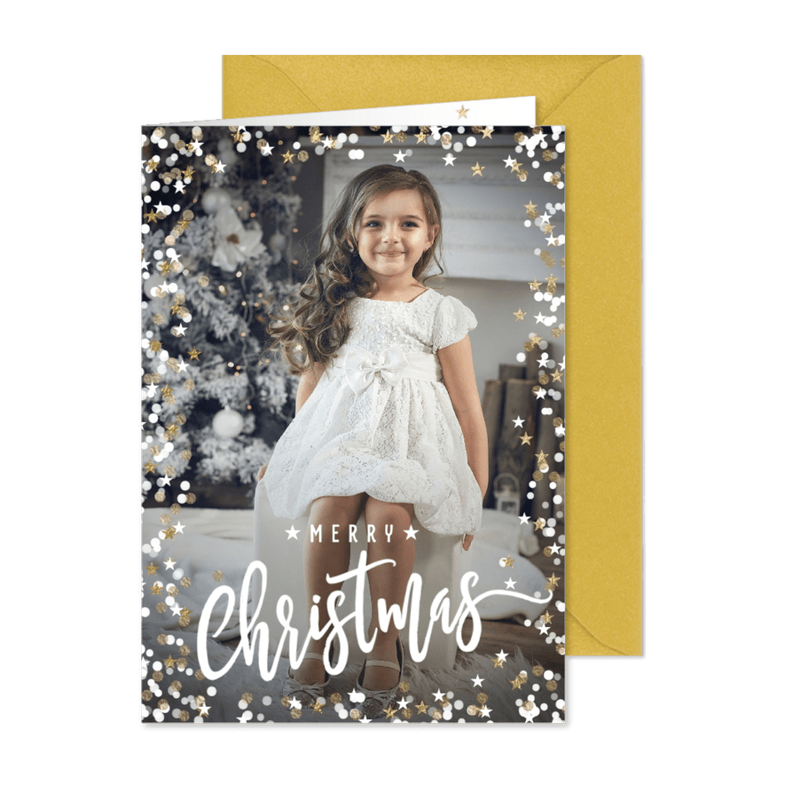 Foto kerstkaart modern sterretjes sneeuw kader 2026 - Kaartimpressie