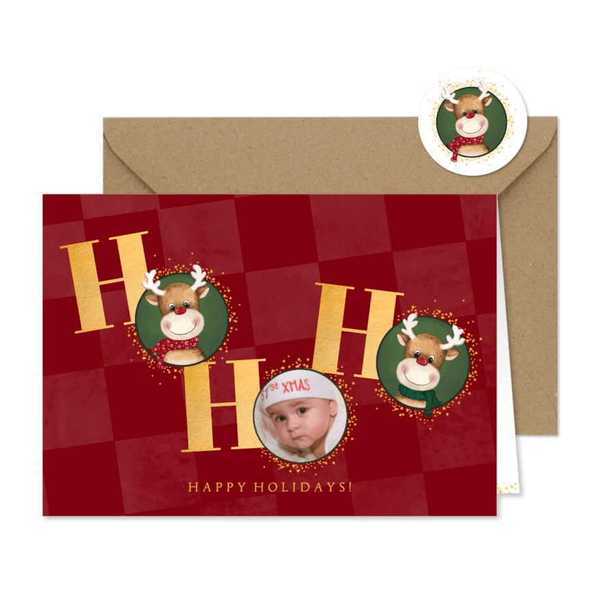 Foto kerstkaart – Rendier HO HO HO – Rode kerstkaart - Kaartimpressie