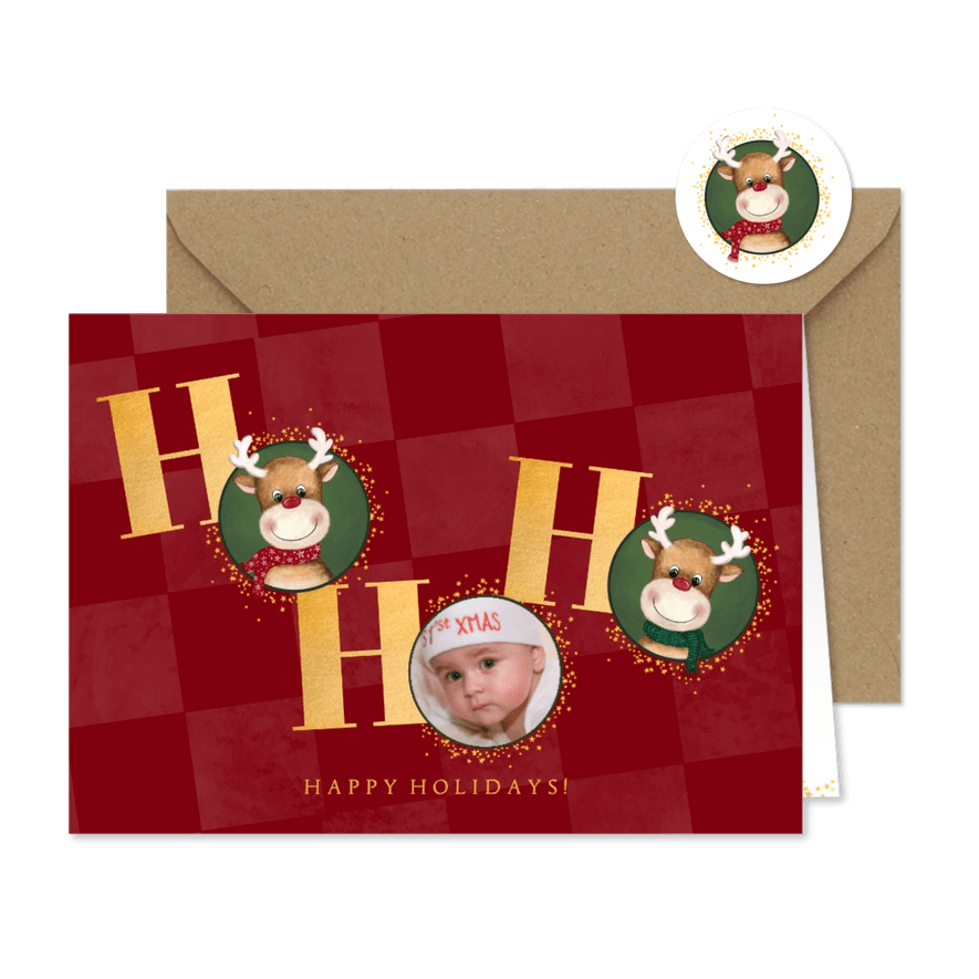 Foto kerstkaart – Rendier HO HO HO – Rode kerstkaart - Kaartimpressie