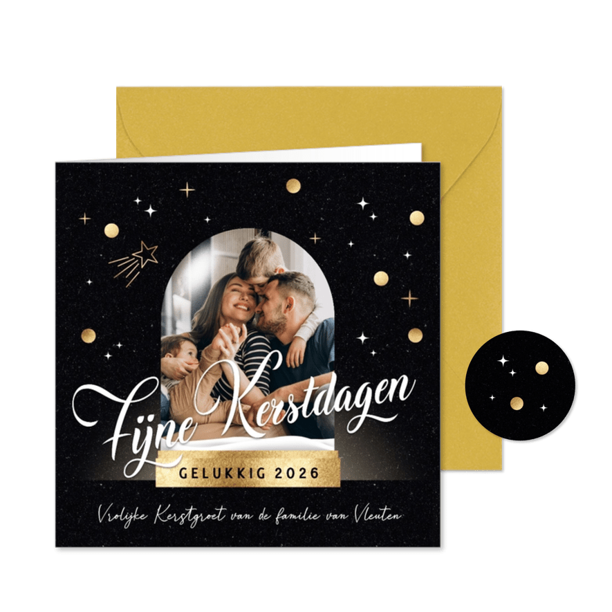 Foto kerstkaart sneeuwbol zwart wit sterren - Kaartimpressie