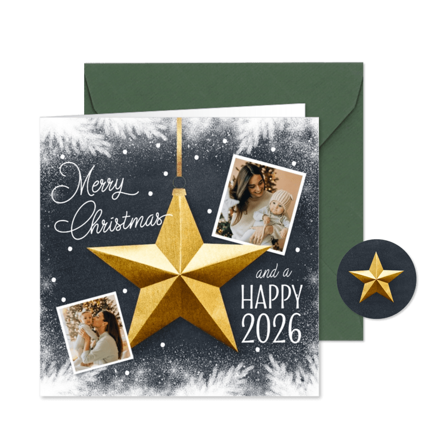 Foto kerstkaart ster goud zwart 2026 hip - Kaartimpressie