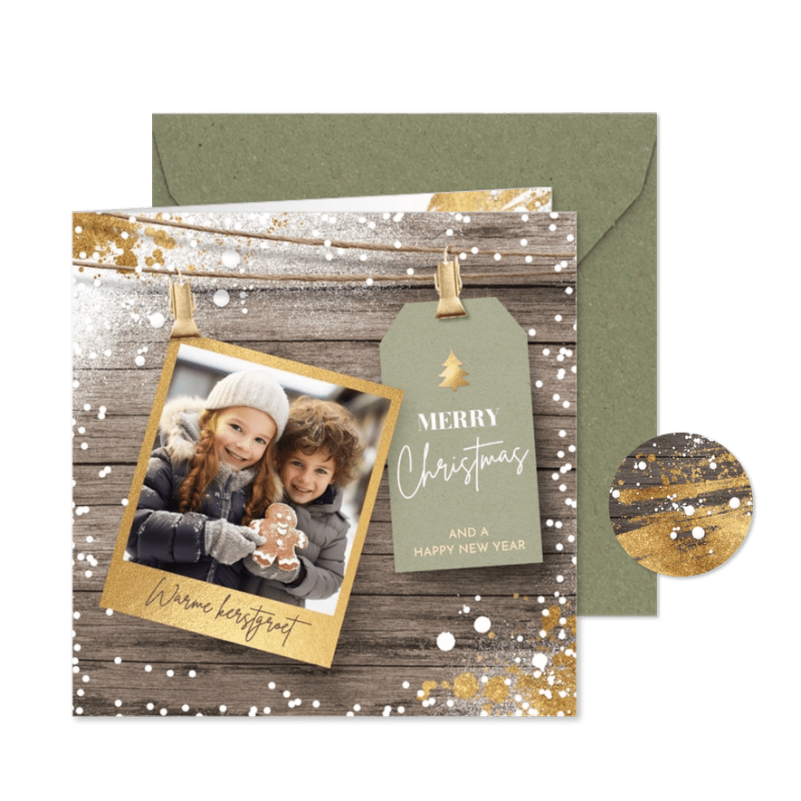 Foto kerstkaart vrolijk kerst label goud sneeuw - Kaartimpressie