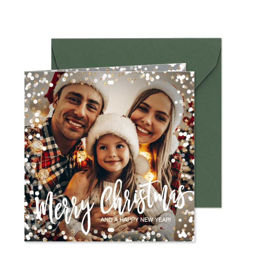Foto kerstkaart vrolijke foto sneeuw confetti sterretjes  - Kaartimpressie