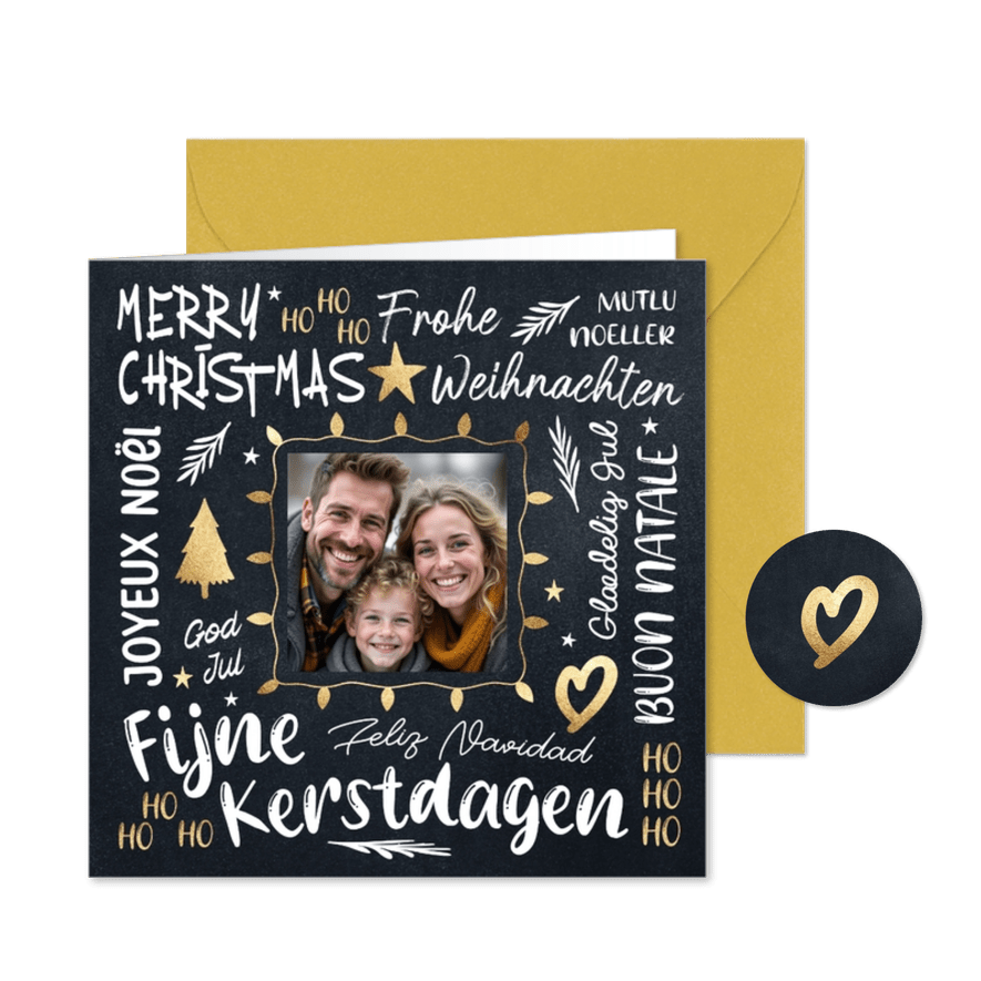 Foto kerstkaart zwart goud 2026 verschillende talen - Kaartimpressie