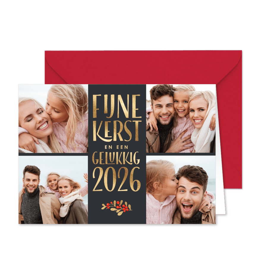Foto kerstkaarten 2026 collage donker grijs goud  - Kaartimpressie