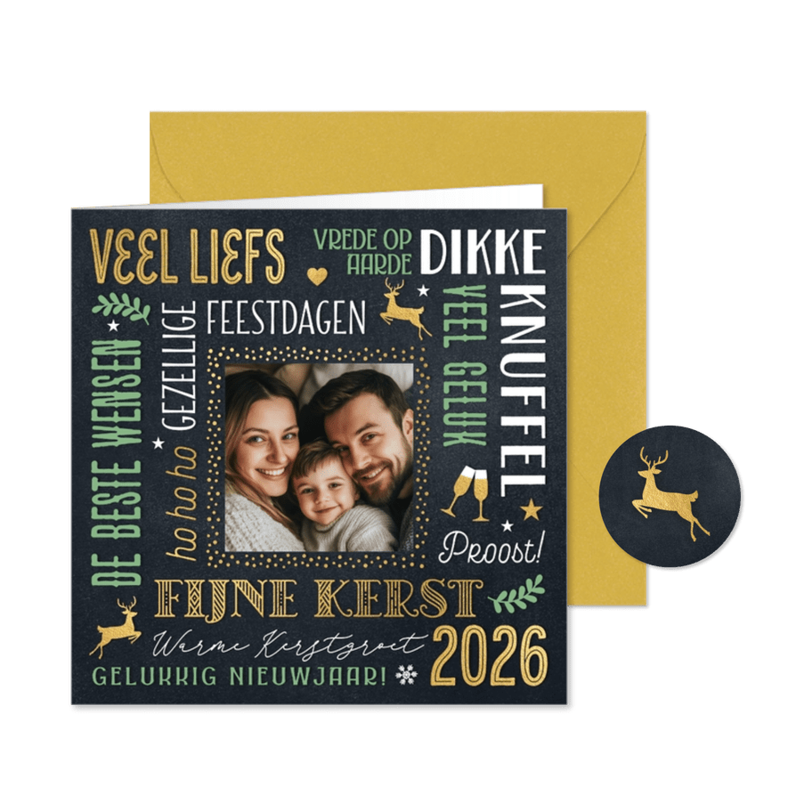 Foto kerstkaartje kerst wensen 2026 in groen en goud - Kaartimpressie