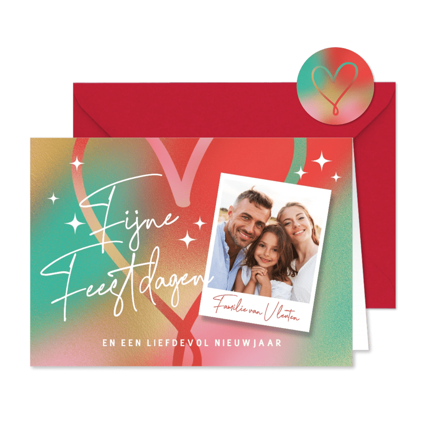 Foto kerstkaartje met groen e nrood hart  - Kaartimpressie