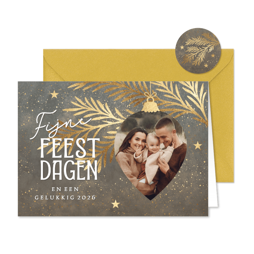 Foto kerstkaartje sjieke kerstbal taupe 2026 - Kaartimpressie