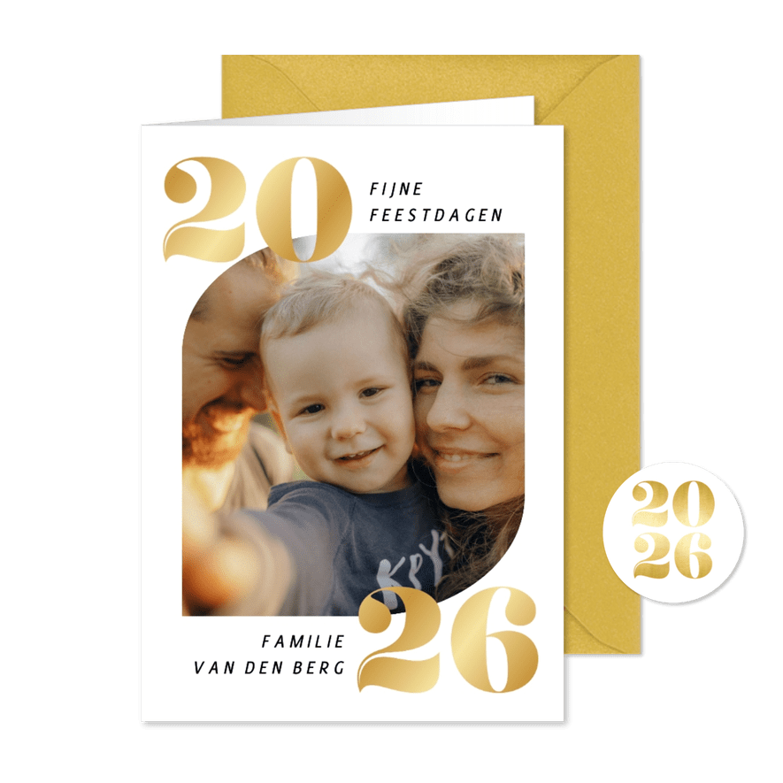 Foto kerstkaartje wit fijne feestdagen gouden 2026 - Kaartimpressie