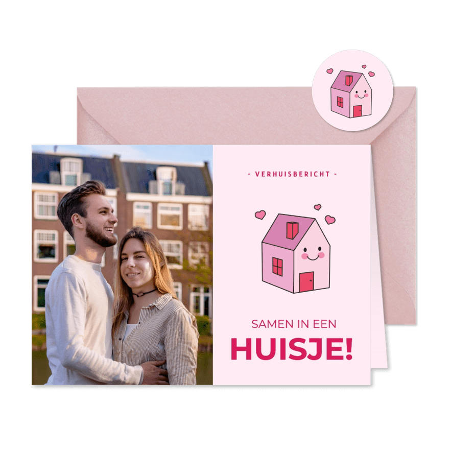 Foto verhuiskaart roze met lachend huisje en hartjes - Kaartimpressie